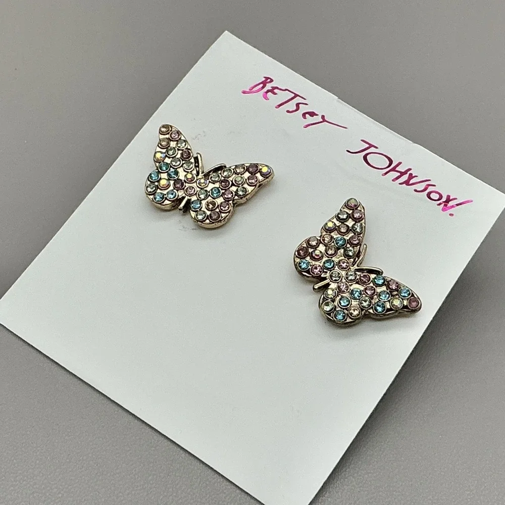 Betsey Johnson Earrings Butterfly Stud Multicolor Rhinestone Sparkle Jewelry_4